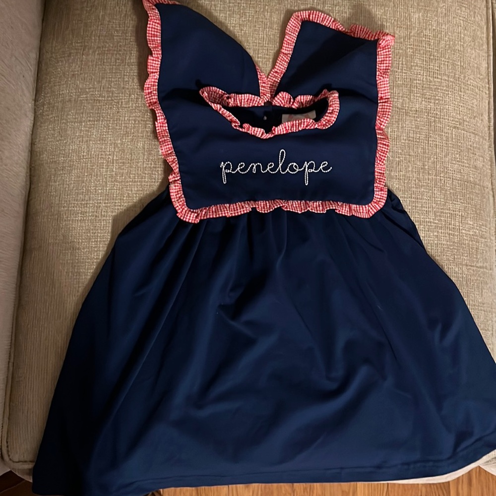 Navy Blue Kids Casual Dress with Red Trim